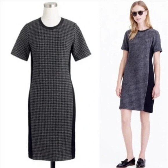 J. Crew Gray Black Tweed Wool Mixed Hounds Tooth Leather Collar Shift Dress Sz 6 - Picture 2 of 13